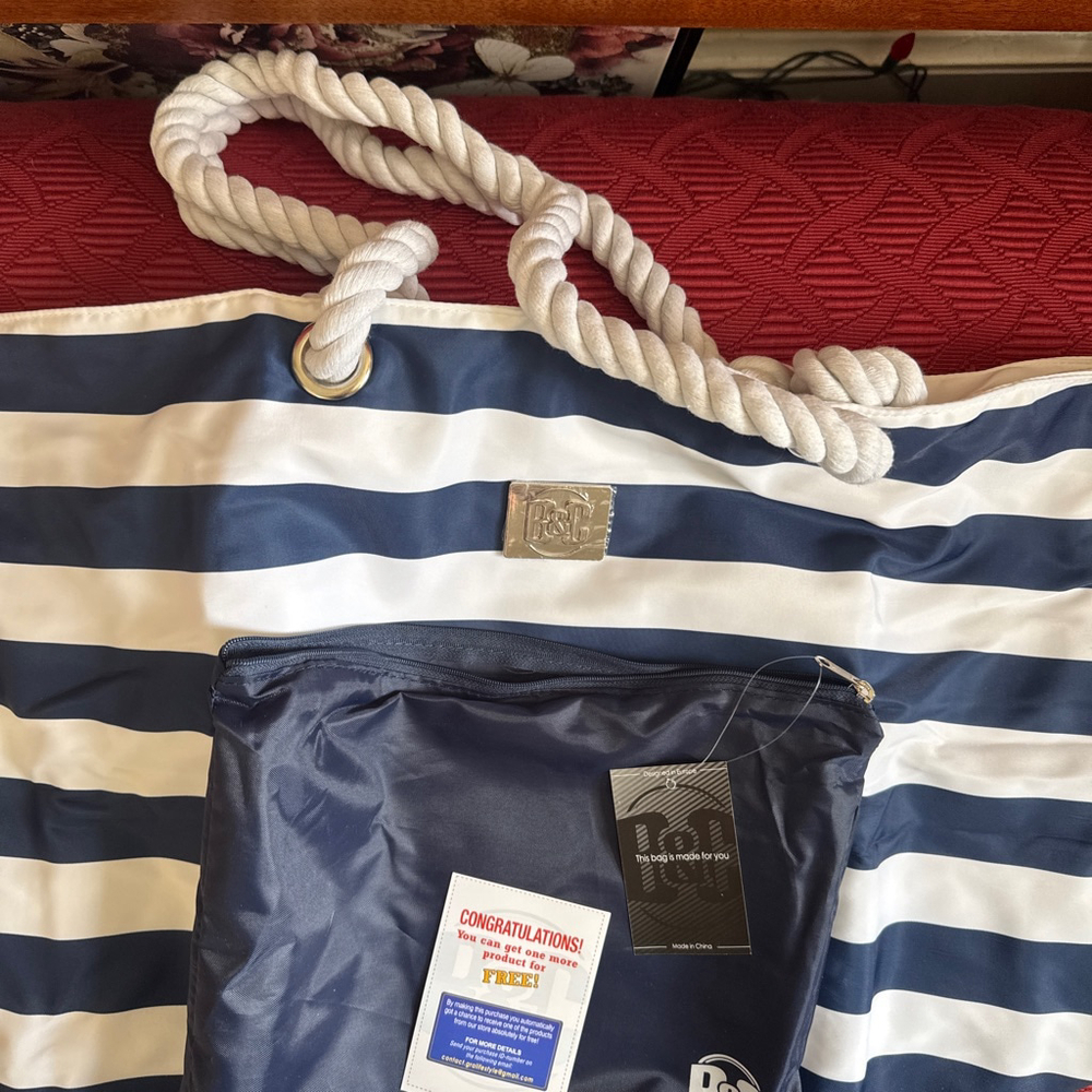 Bang & Carsen Navy & White Striped Waterproof Nylon Beach Travel Tote Bag